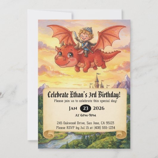 ドラゴンに乗った小さな騎士の誕生日招待状 招待状 (正面)