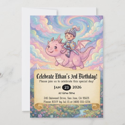 ドラゴンに乗った小さな騎士の誕生日招待状 招待状 (正面)