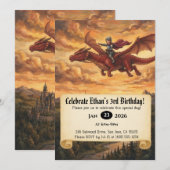 ドラゴンに乗った小さな騎士の誕生日招待状 招待状 (正面/裏面)