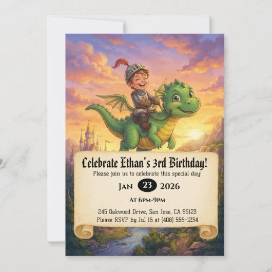 ドラゴンに乗った小さな騎士の誕生日招待状 招待状 (正面)