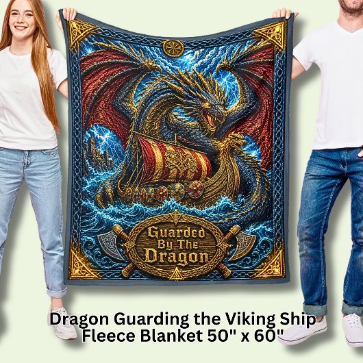 ドラゴンに守られたヴァイキングの長船 フリースブランケット
