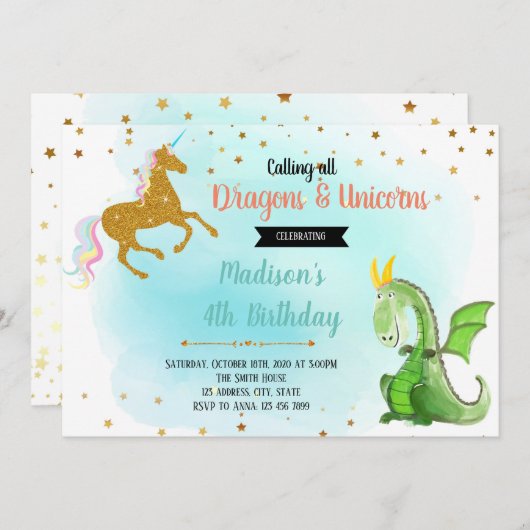 ドラゴンのユニコーンのパーティの招待状 招待状 (正面/裏面)