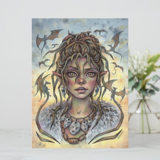 ドラゴンの中で妖精エルフファンタジー女性アートカード (スタンド正面)