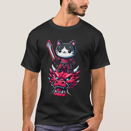 ドラゴンの剣を持つサムライキャットの3D効果登場 Tシャツ (正面)