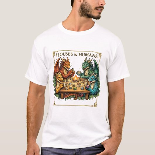 ドラゴンの家と人間のファンタジーアートがおかしい Tシャツ (正面)
