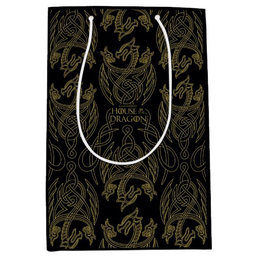 ドラゴンの家 |金ゴールドの水切り竜の模様 ミディアムペーパーバッグ (正面)