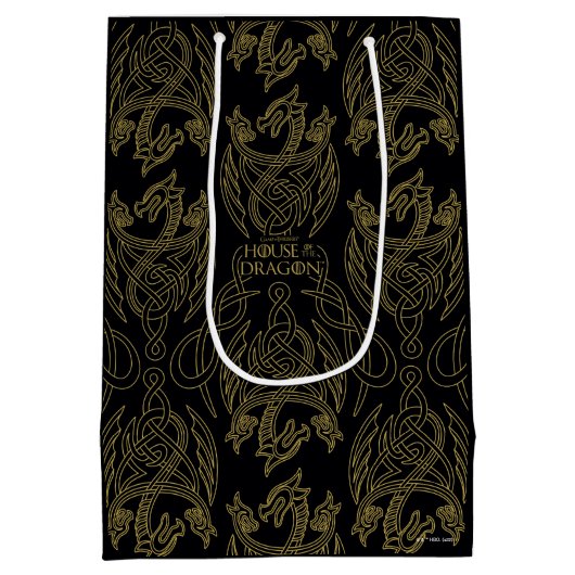 ドラゴンの家 |金ゴールドの水切り竜の模様 ミディアムペーパーバッグ (裏面)