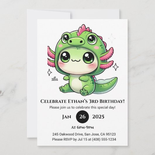 ドラゴンの帽子をかぶった誕生日のアホロートル 招待状 (正面)