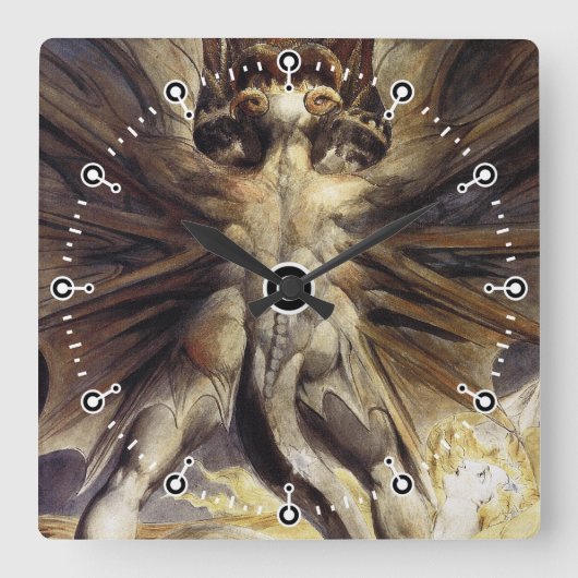 ドラゴンの時計-ウィリアムブレイク-素晴らしく赤いドラゴン スクエア壁時計 (正面)