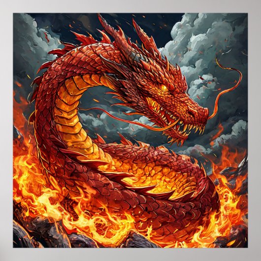 ドラゴンの炎の壁掛けアート | ファンタジーな火の生き物 ポスター (正面)