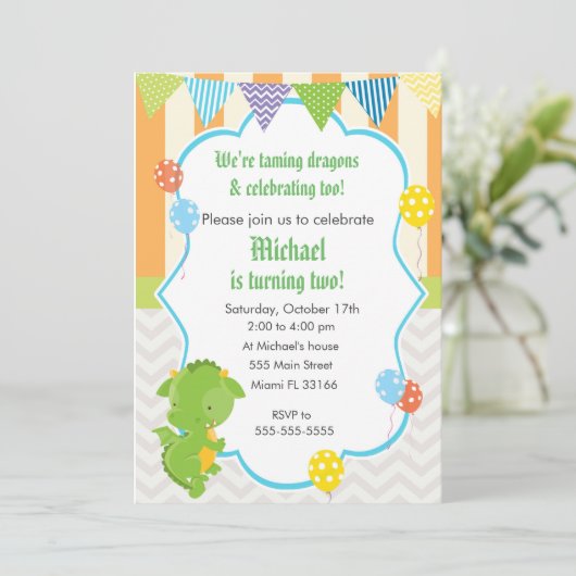 ドラゴンの男の子の誕生日のパーティの招待状の気球 招待状 (スタンド正面)