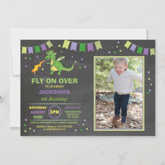 ドラゴンの誕生会の招待の男の子の女の子の火の写真 招待状 (正面)