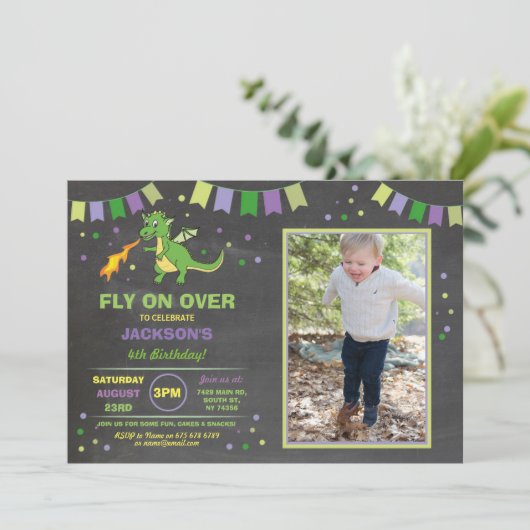 ドラゴンの誕生会の招待の男の子の女の子の火の写真 招待状 (スタンド正面)