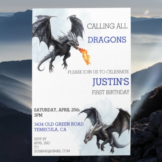 ドラゴンの誕生日 水彩イラスト 招待状