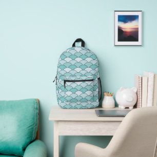 ドラゴンの鱗、扇、波、青海波、青 プリントバックパック