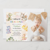 ドラゴンを呼べ！水彩1歳誕生日写真 招待状 (正面)