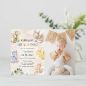 ドラゴンを呼べ！水彩1歳誕生日写真 招待状 (スタンド正面)