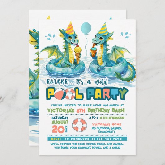 ドラゴンアイスクリームプールパーティー誕生日招待状 招待状 (正面/裏面)