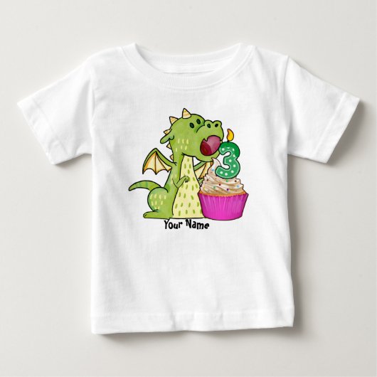ドラゴンカップケーキ3歳の誕生日 ベビーTシャツ (正面)