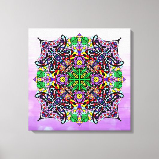 ドラゴンカラフルフライと花をテーマにしたマンダラアート キャンバスプリント (正面)