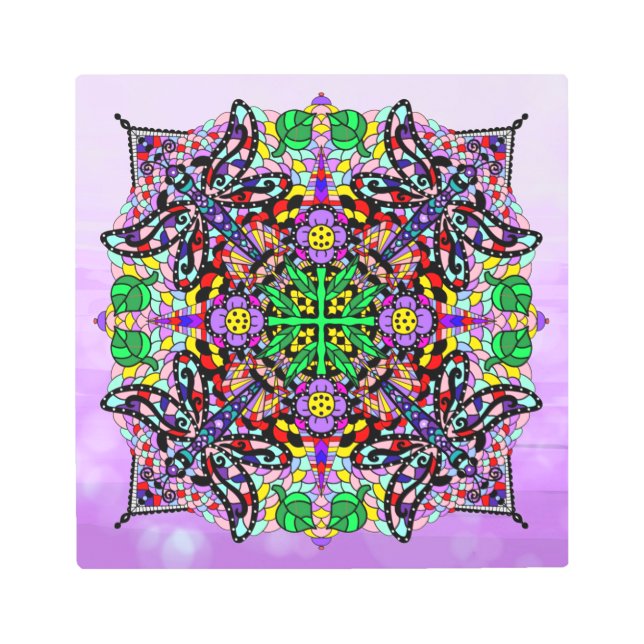 ドラゴンカラフルフライと花をテーマにしたマンダラアート メタルプリント (正面)