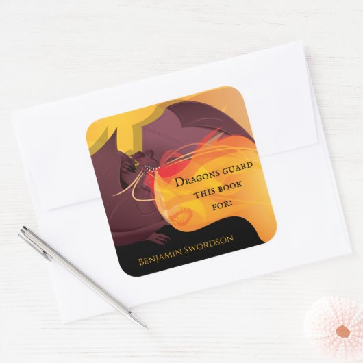 ドラゴンガードこの本ファイアーパープルレッド蔵書票 スクエアシール (封筒)