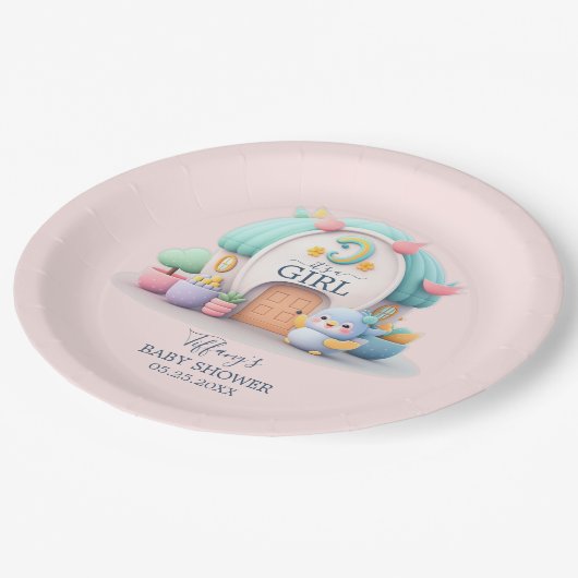 ドラゴンガールベビーシャワー付きの小さな家 ペーパープレート (アングル)