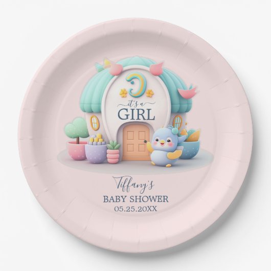 ドラゴンガールベビーシャワー付きの小さな家 ペーパープレート (正面)