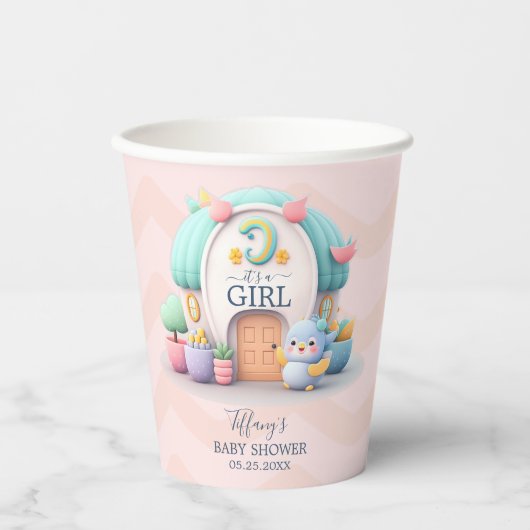 ドラゴンガールベビーシャワー付きの小さな家 紙コップ (正面)