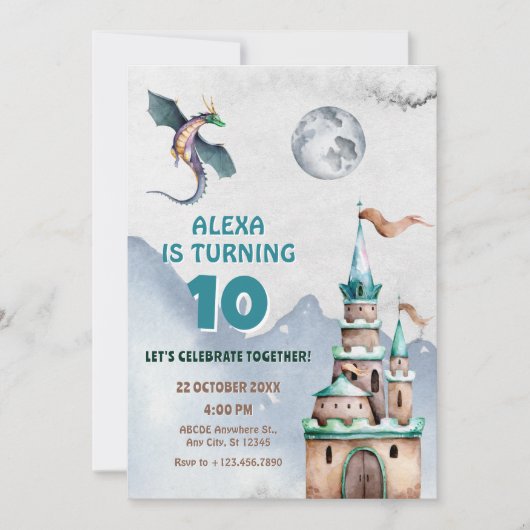 ドラゴンキャッスル水彩誕生日 招待状 (正面)