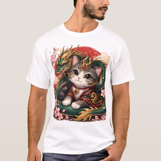 ドラゴンキャットファンタジーアジア神話デザイン Tシャツ (正面)