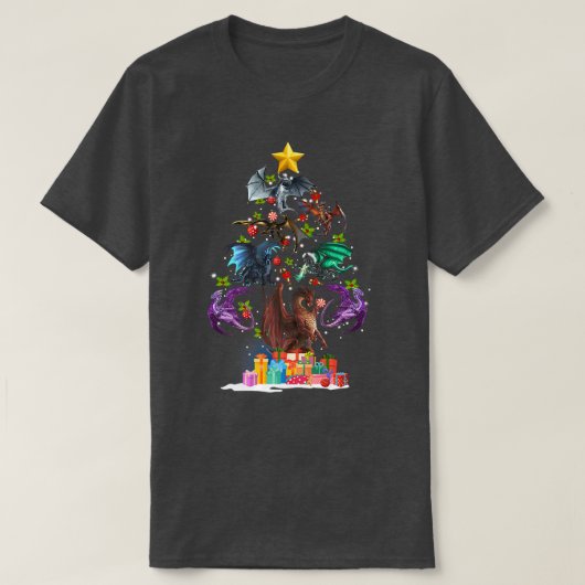 ドラゴンクリスマスツリーおもしろい恋人クリスマス Tシャツ (デザイン正面)