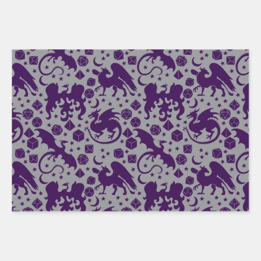 ドラゴンクールとお洒落サイコロをテーマにした紫と赤 ラッピングペーパーシート (正面3)
