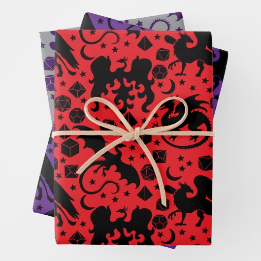 ドラゴンクールとお洒落サイコロをテーマにした紫と赤 ラッピングペーパーシート (インサイチュ)