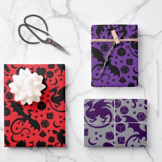 ドラゴンクールとお洒落サイコロをテーマにした紫と赤 ラッピングペーパーシート (正面)