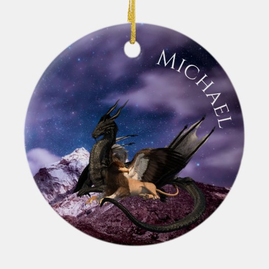 ドラゴングリフィンファンタジーランドスケープパーソナライズされた セラミックオーナメント (裏面)