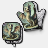 ドラゴンジャバーウォッキーかわいいファンタジークリーチャー芸術 鍋つかみ&鍋敷きセット (正面/裏面)