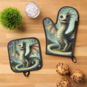 ドラゴンジャバーウォッキーかわいいファンタジークリーチャー芸術 鍋つかみ&鍋敷きセット (トップダウン)