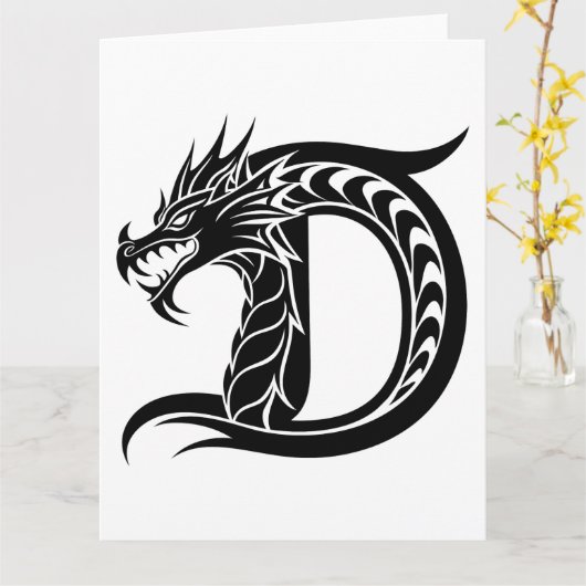 ドラゴンスタイルの文字D、ドラゴンアルファベット、モノグラム カード (黄色い花)