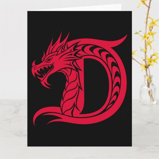 ドラゴンスタイルの文字D、ドラゴンアルファベット、モノグラム カード (黄色い花)