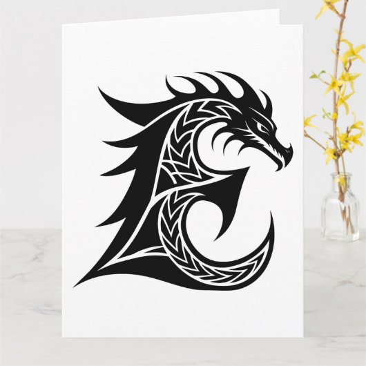 ドラゴンスタイルの文字E、ドラゴンアルファベット、モノグラム カード (黄色い花)