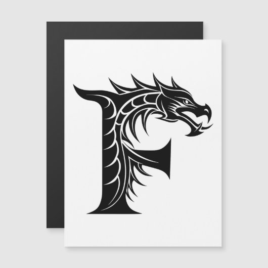 ドラゴンスタイルの文字F、ドラゴンアルファベット、モノグラム マグネット招待状 (正面/裏面)