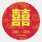 ドラゴンスタイルダブルハピネス記号赤+金ゴールド ラウンドシール (正面)