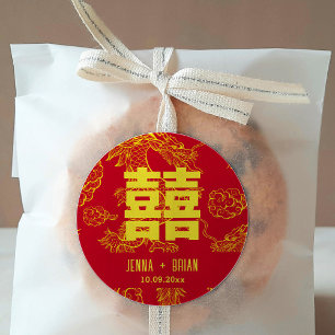 ドラゴンスタイルダブルハピネス記号赤+金ゴールド ラウンドシール