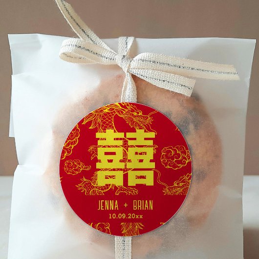 ドラゴンスタイルダブルハピネス記号赤+金ゴールド ラウンドシール