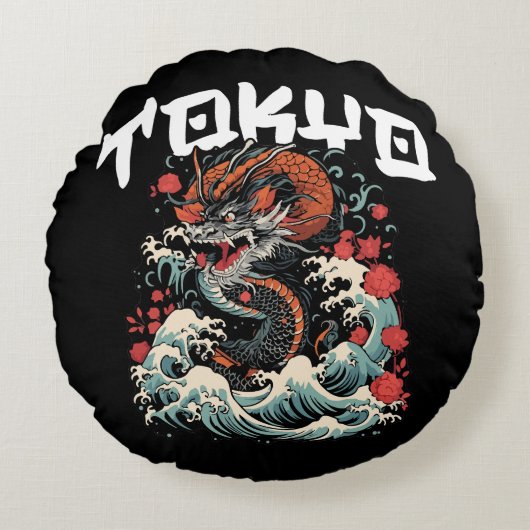 ドラゴンズダンス日本のレトロシースケープ ラウンドクッション (正面)