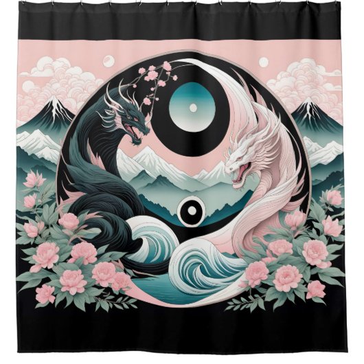 ドラゴンズフローラマウンテンピンクセージティール（緑がかった色） シャワーカーテン (正面)