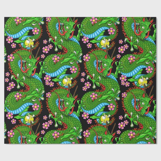 ドラゴンタトゥーアートと緑の赤とさくらんぼの花 ラッピングペーパー (フラット)