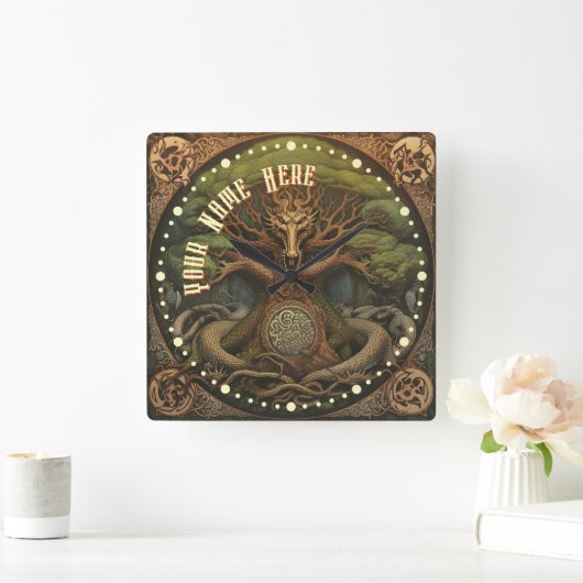 ドラゴンタトゥーセインスパイアルティックバイキングアート スクエア壁時計 (ホーム)