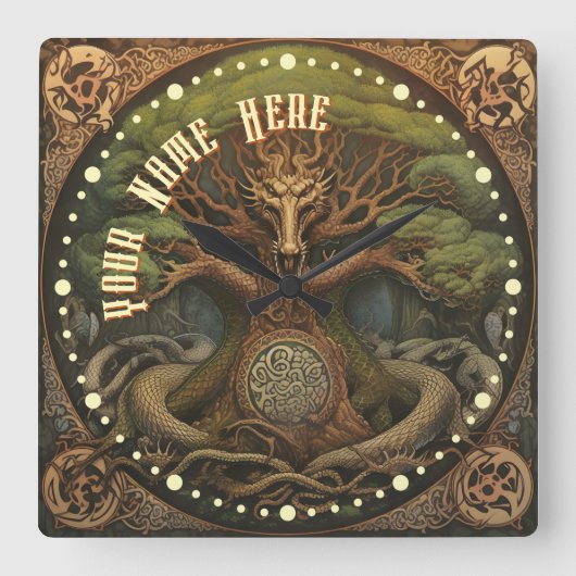 ドラゴンタトゥーセインスパイアルティックバイキングアート スクエア壁時計 (正面)